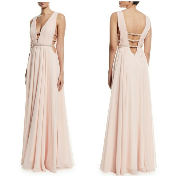 Jovani Sleeveless V Neck Gown W/ Lattice Details - Picture 4 of 15